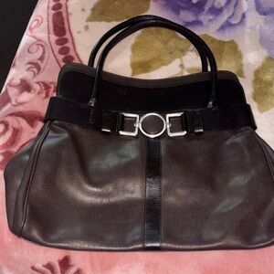 Classic Black Leather Tote with Silver Ring Detail